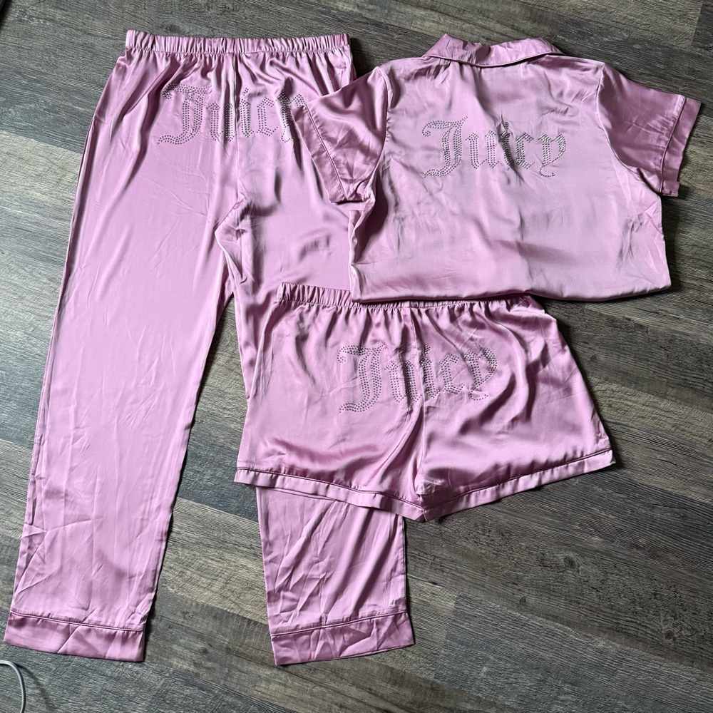 Juicy Couture 3 Piece Light Pink Satin Bedazzled Pajama Set